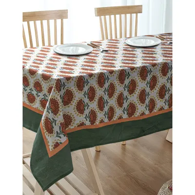 Blanc9 Elegant Green & Orange Floral Designer Tablecloth