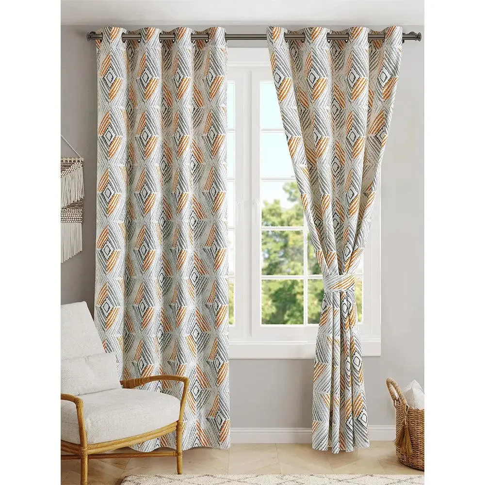 Blanc9 Geometrical Patterned Orange and White Cotton Curtain Set Of 1 & 2  (9 Ft.)