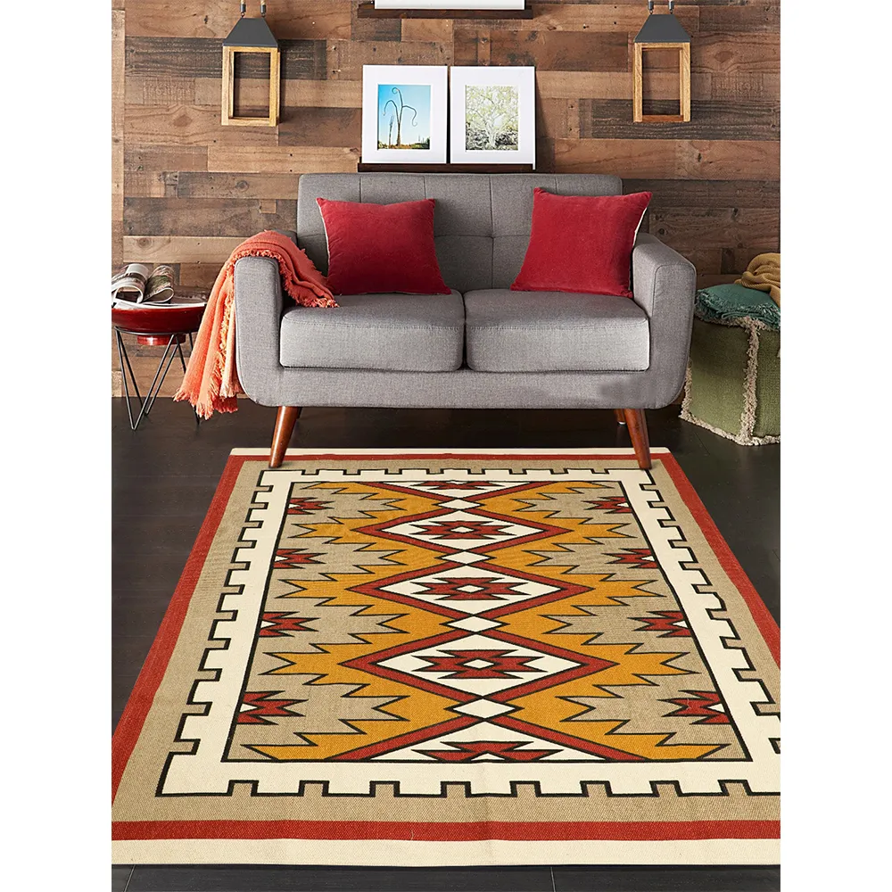 Blanc9 Kilim Printed Red & Yellow Premium Cotton Carpet