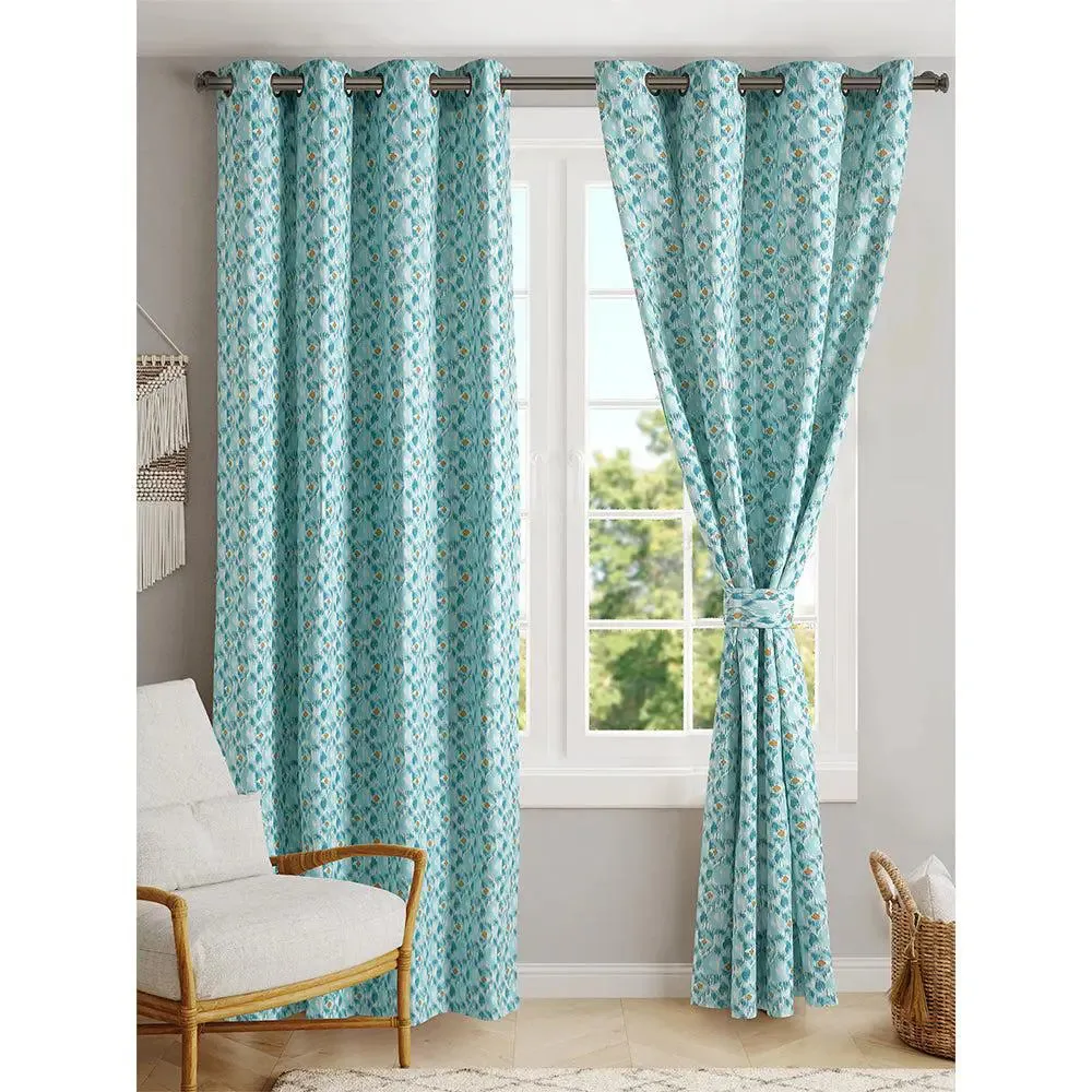 Blanc9 Ocean Blue Ikat Patterned  Set Of 1 & 2 Cotton Curtain (9 Ft.)