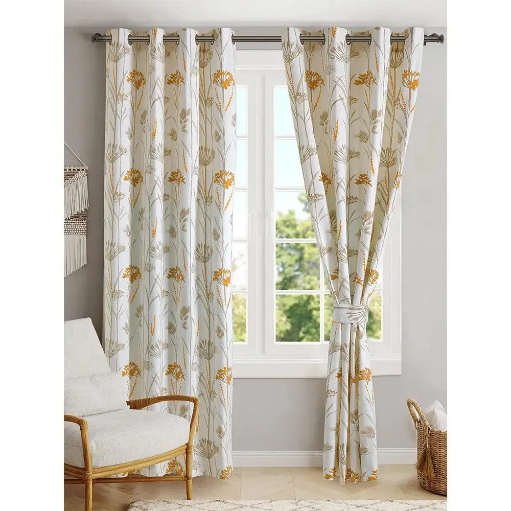 Blanc9 Orange and Beige Daisy Cotton Curtain Set Of 1 & 2 (9 Ft.)