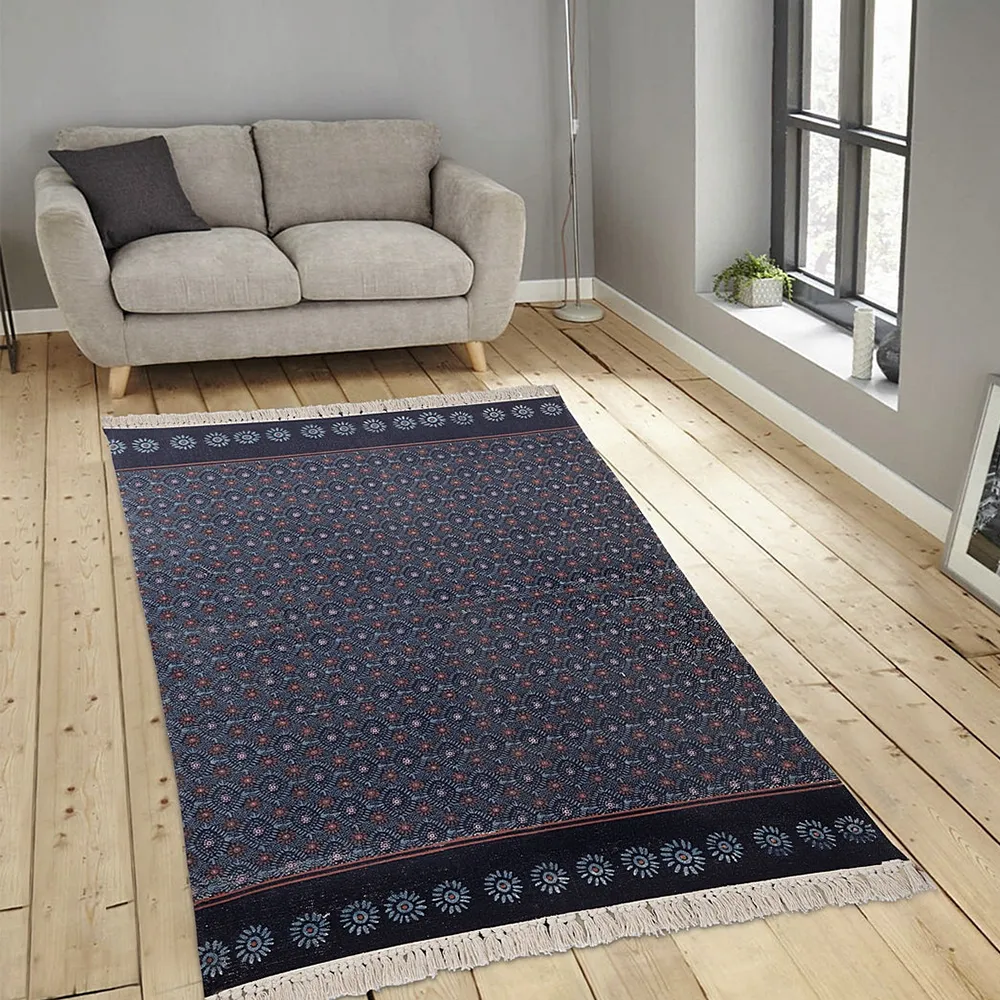 Blanc9 Timeless Jacquard Printed Cotton Rug In Dark Blue