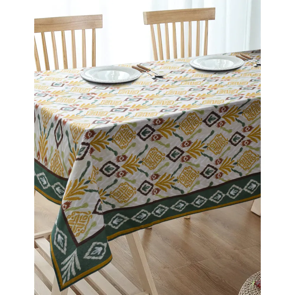 Blanc9 Vibrant Green & Yellow Ikkat Pattern Designer Tablecloth