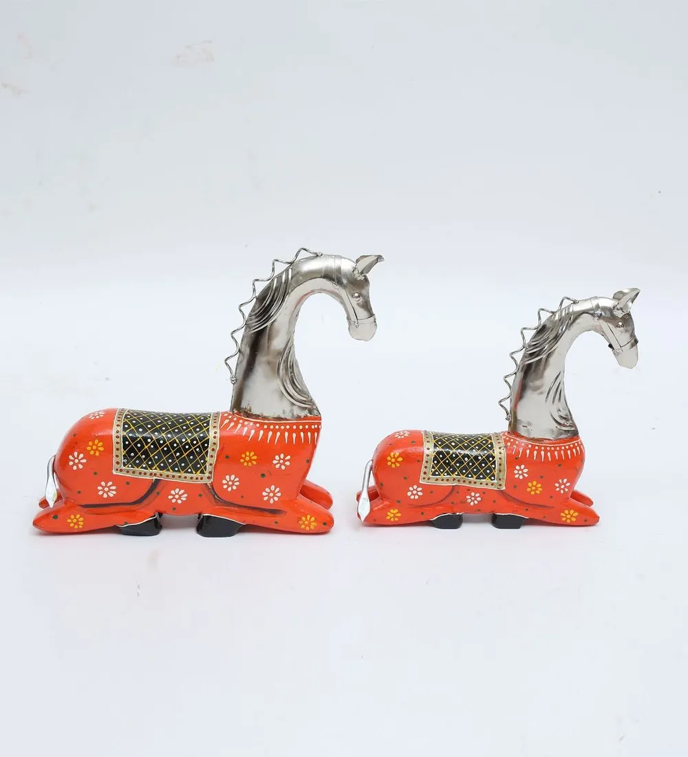 Blended Wood & Metal Rajasthani Art Horse Animal Figurine / Showpiece Set Of 2