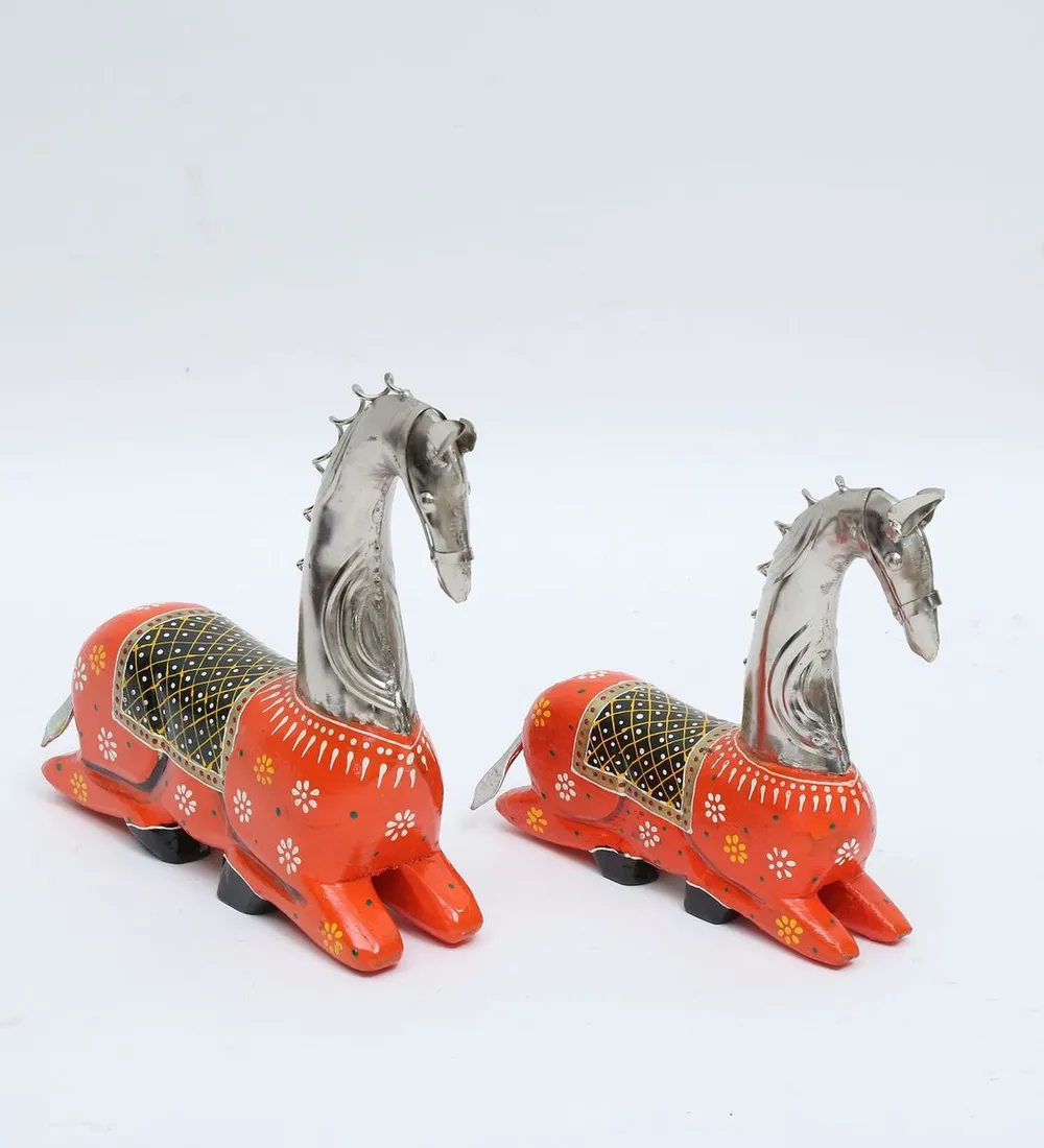 Blended Wood & Metal Rajasthani Art Horse Animal Figurine / Showpiece Set Of 2