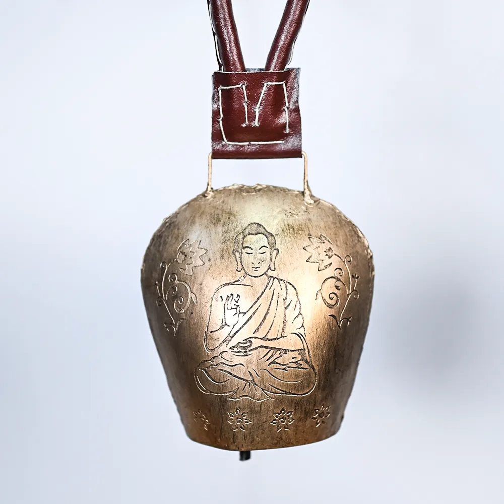 Blessing Rustic Vintage Handmade Buddha Engraved Golden Garden Cow Bell Set Of 1