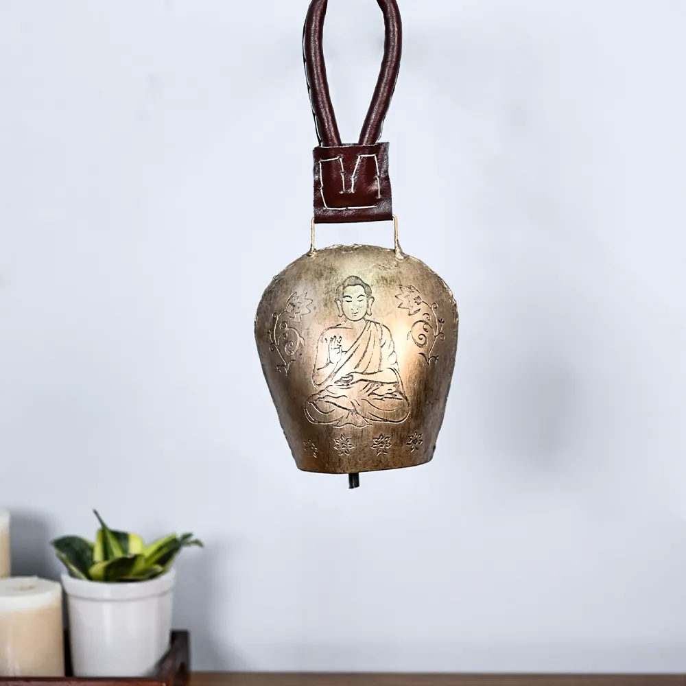 Blessing Rustic Vintage Handmade Buddha Engraved Golden Garden Cow Bell Set Of 1