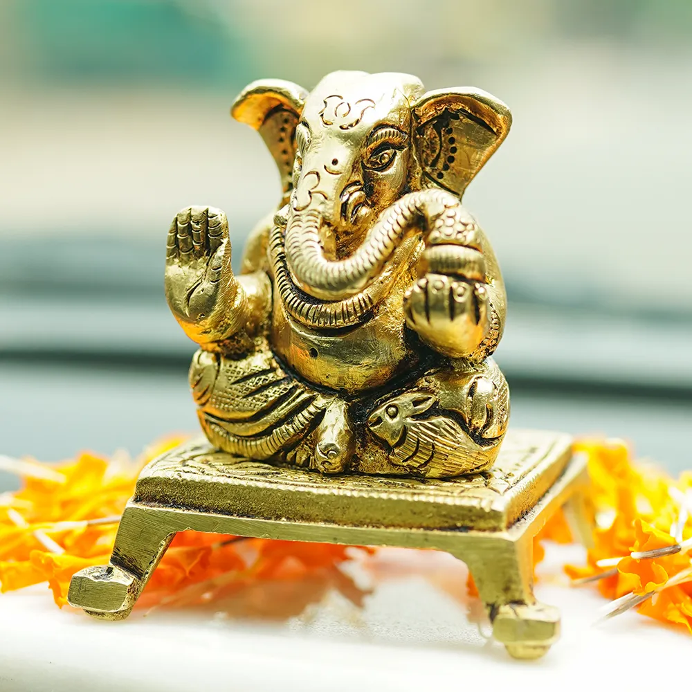 Blissful Lord Ganesha Brass Finish Handmade Idol Set Of 1