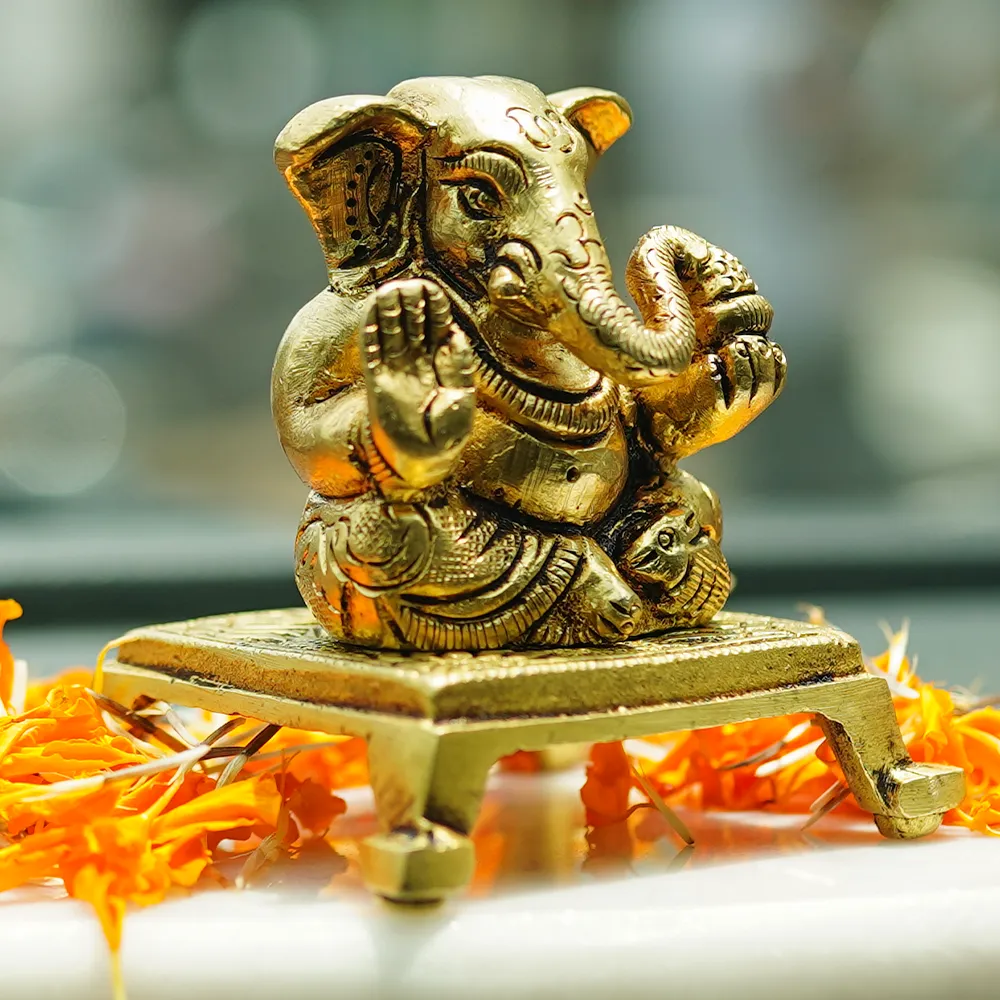 Blissful Lord Ganesha Brass Finish Handmade Idol Set Of 1