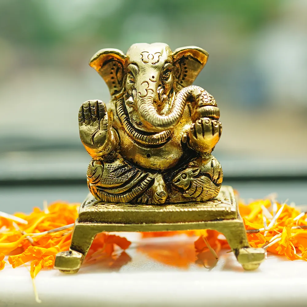 Blissful Lord Ganesha Brass Finish Handmade Idol Set Of 1