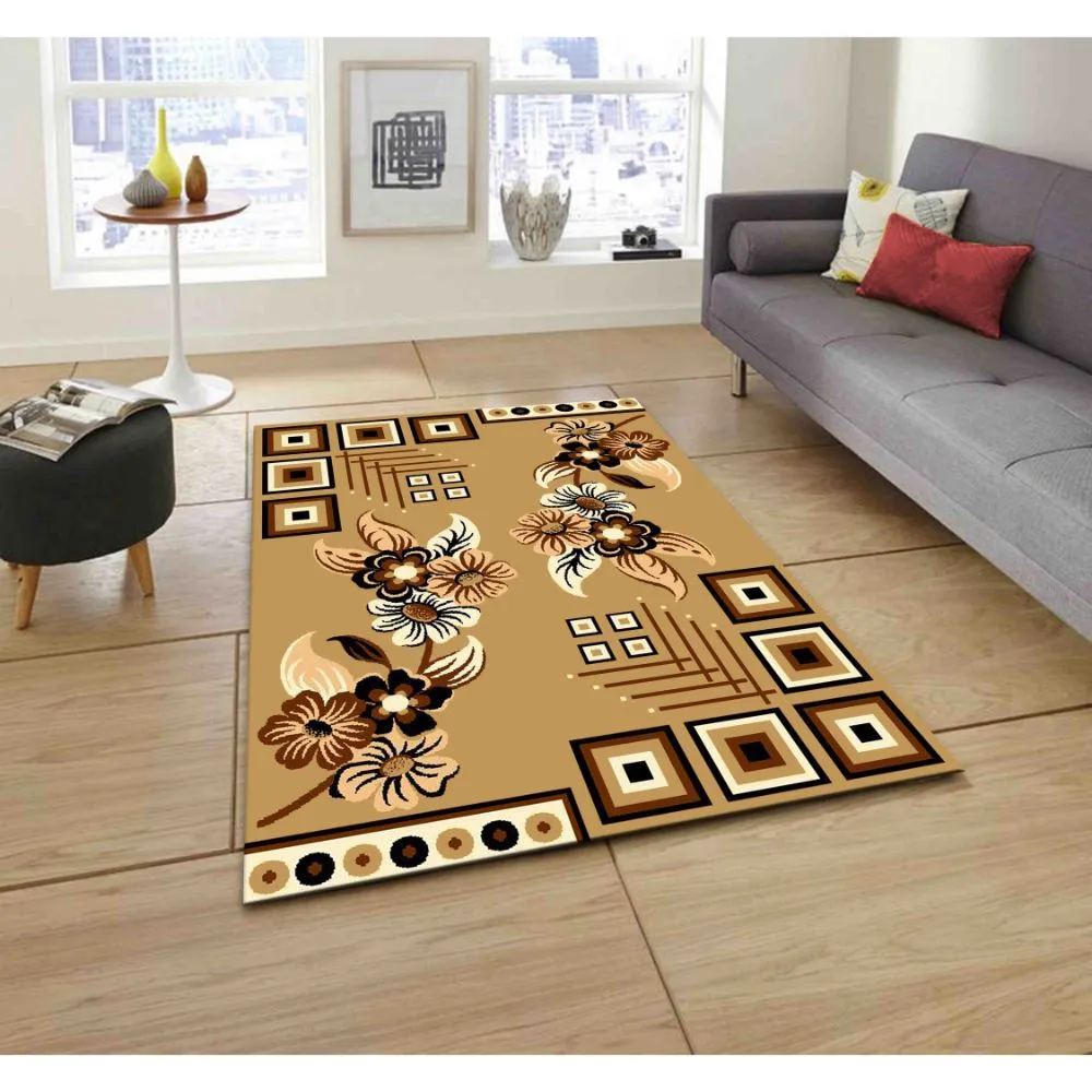 Blocks & Florals Designer Golden Polyester Area Carpet 3X5ft