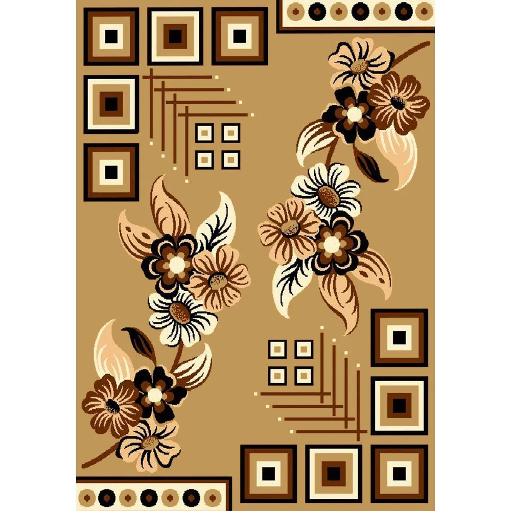 Blocks & Florals Designer Golden Polyester Area Carpet 3X5ft