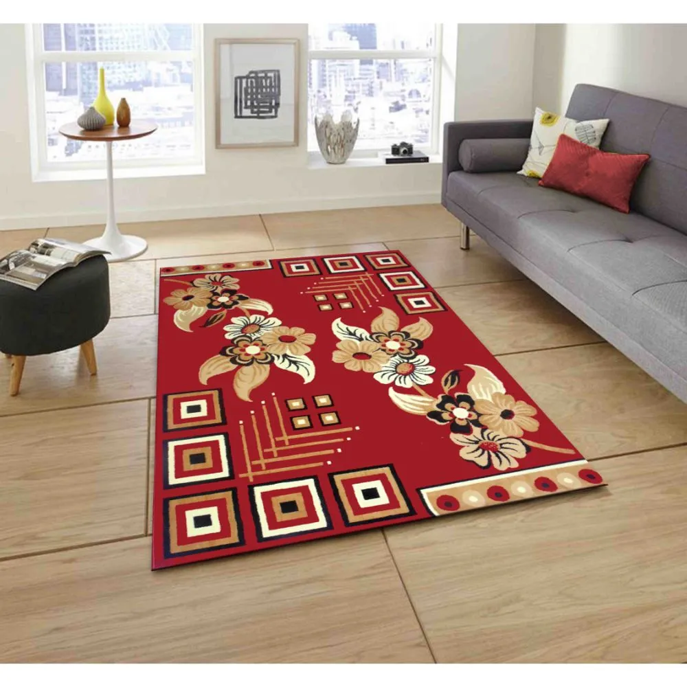 Blocks & Florals Designer Red Polyester Area Carpet 3X5ft