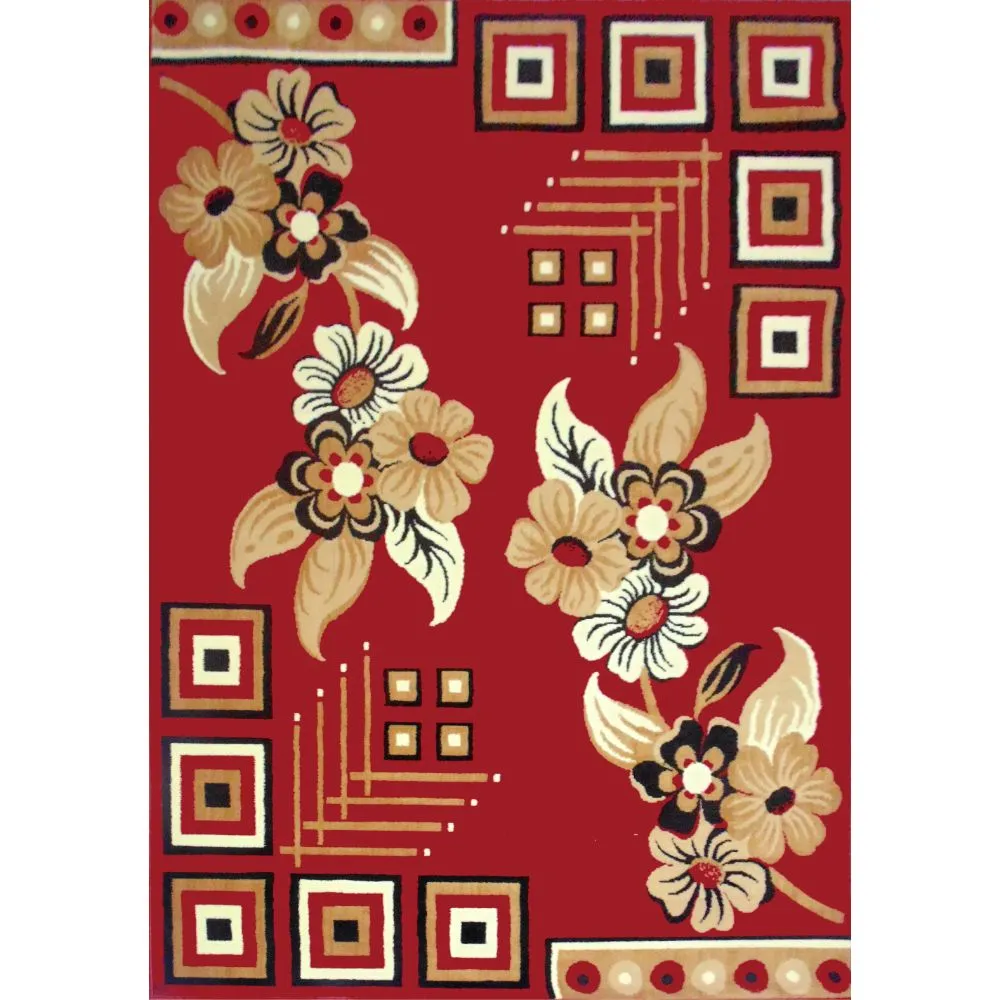 Blocks & Florals Designer Red Polyester Area Carpet 3X5ft