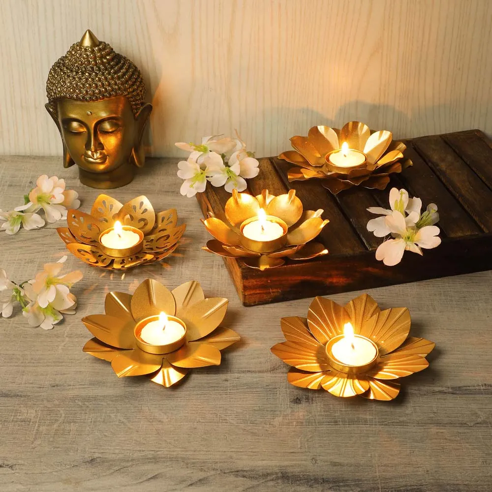 Bloomed Lotus Golden Tea Light Candle Holders Set Of 3