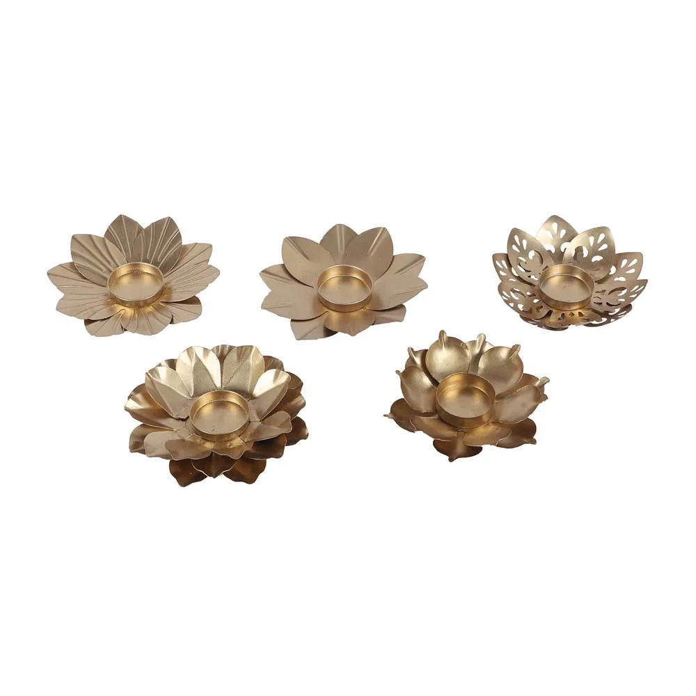 Bloomed Lotus Golden Tea Light Candle Holders Set Of 3