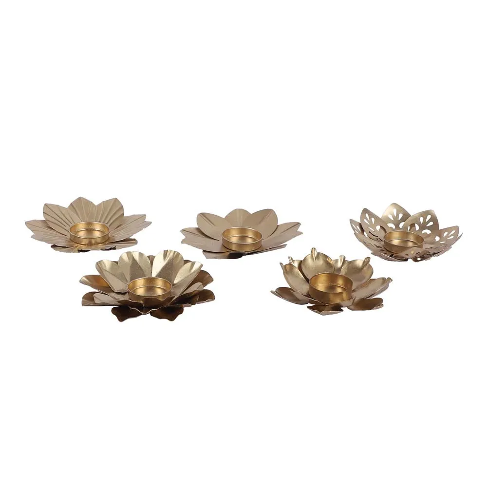 Bloomed Lotus Golden Tea Light Candle Holders Set Of 3