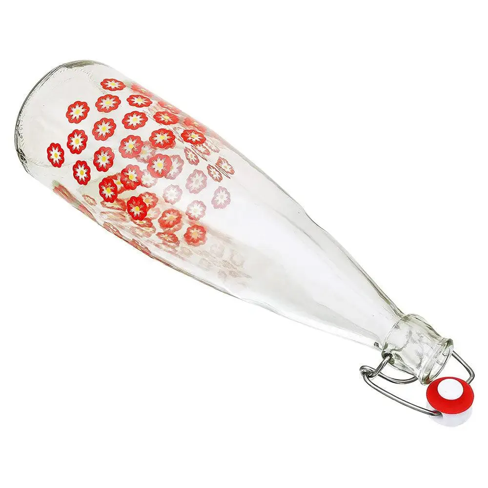 Blooming Flowers Printed Glass Water Bottle With Cork Set Of 2