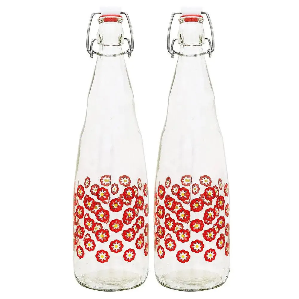 Blooming Flowers Printed Glass Water Bottle With Cork Set Of 2