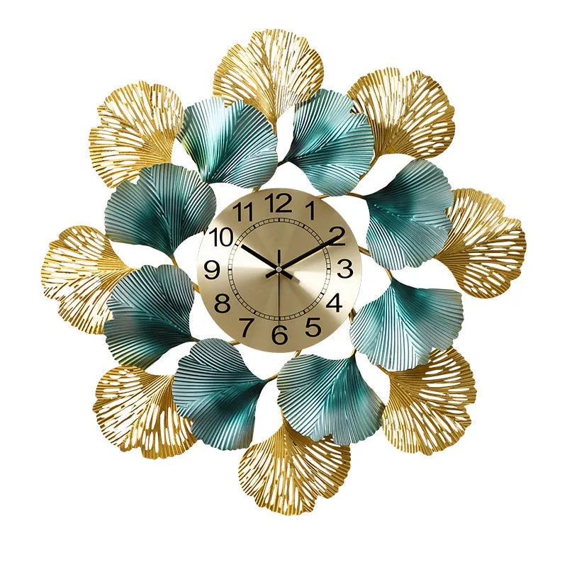 Blooming Petals Golden & Blue Metal Wall Clock
