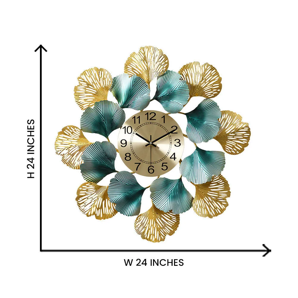 Blooming Petals Golden & Blue Metal Wall Clock