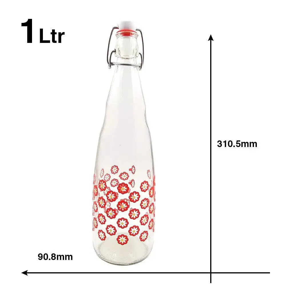 Blooming Strawberry Printed Glass Water Bottle With Cork Set Of 2