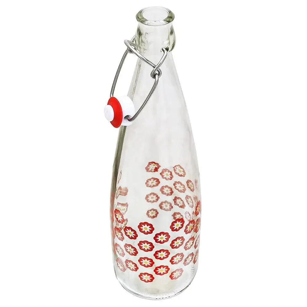 Blooming Strawberry Printed Glass Water Bottle With Cork Set Of 2