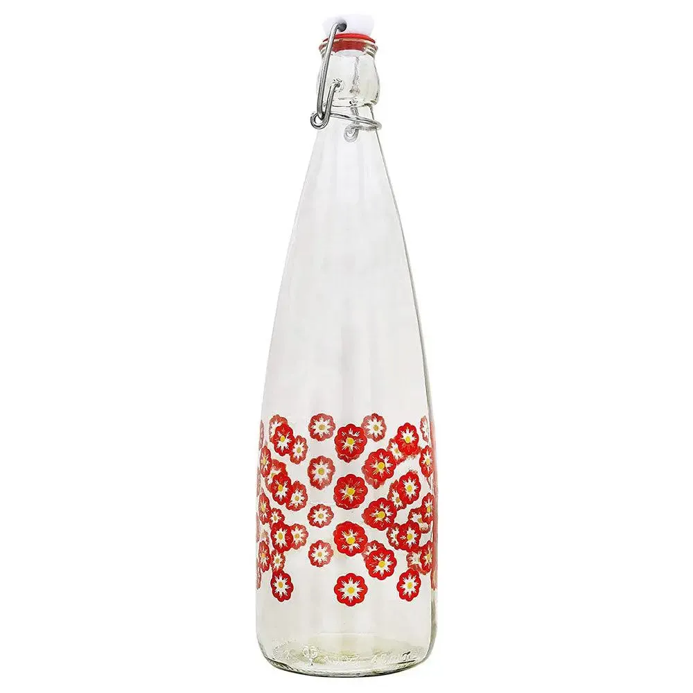 Blooming Strawberry Printed Glass Water Bottle With Cork Set Of 2