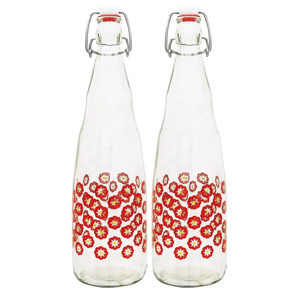 Blooming Strawberry Printed Glass Water Bottle With Cork Set Of 2