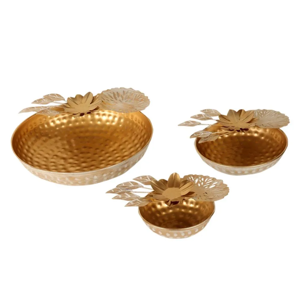Blossom Elegant Golden Metal Flower Urli Bowl Set of 3