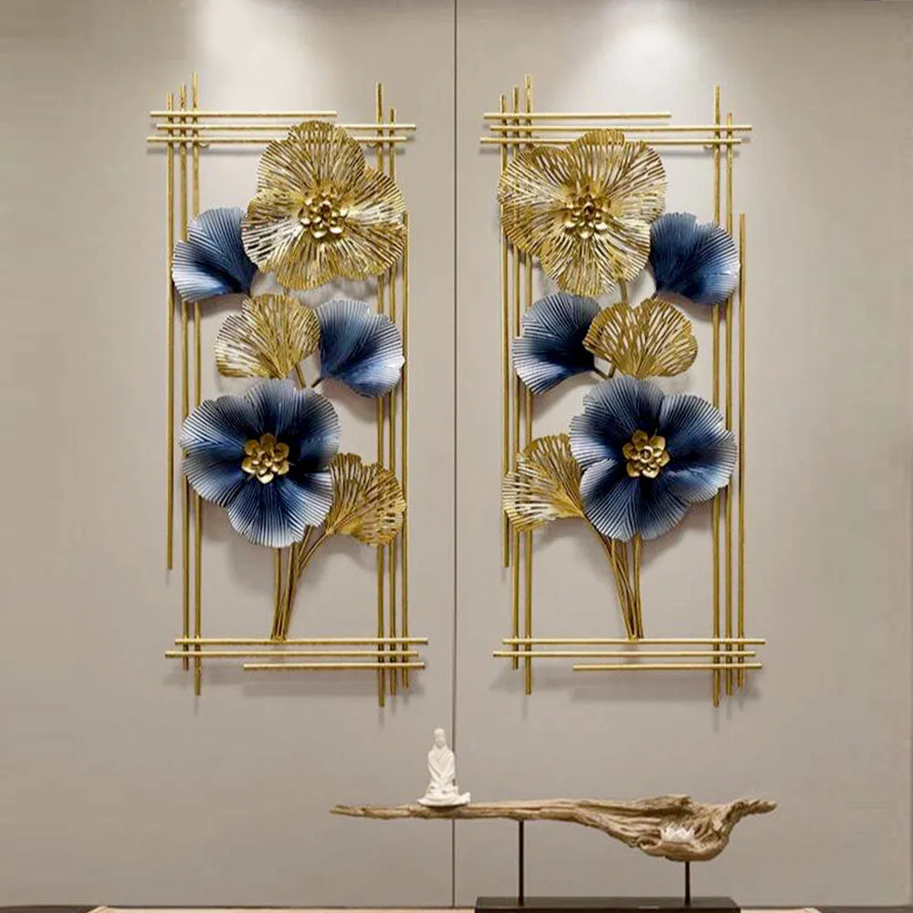 Blue &amp; Golden Floral Separate Frames Metal Wall Art