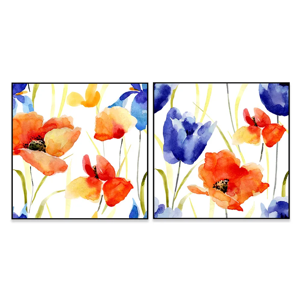 Blue &amp; Orange Floral Canvas Art Wall Frame Set of 2