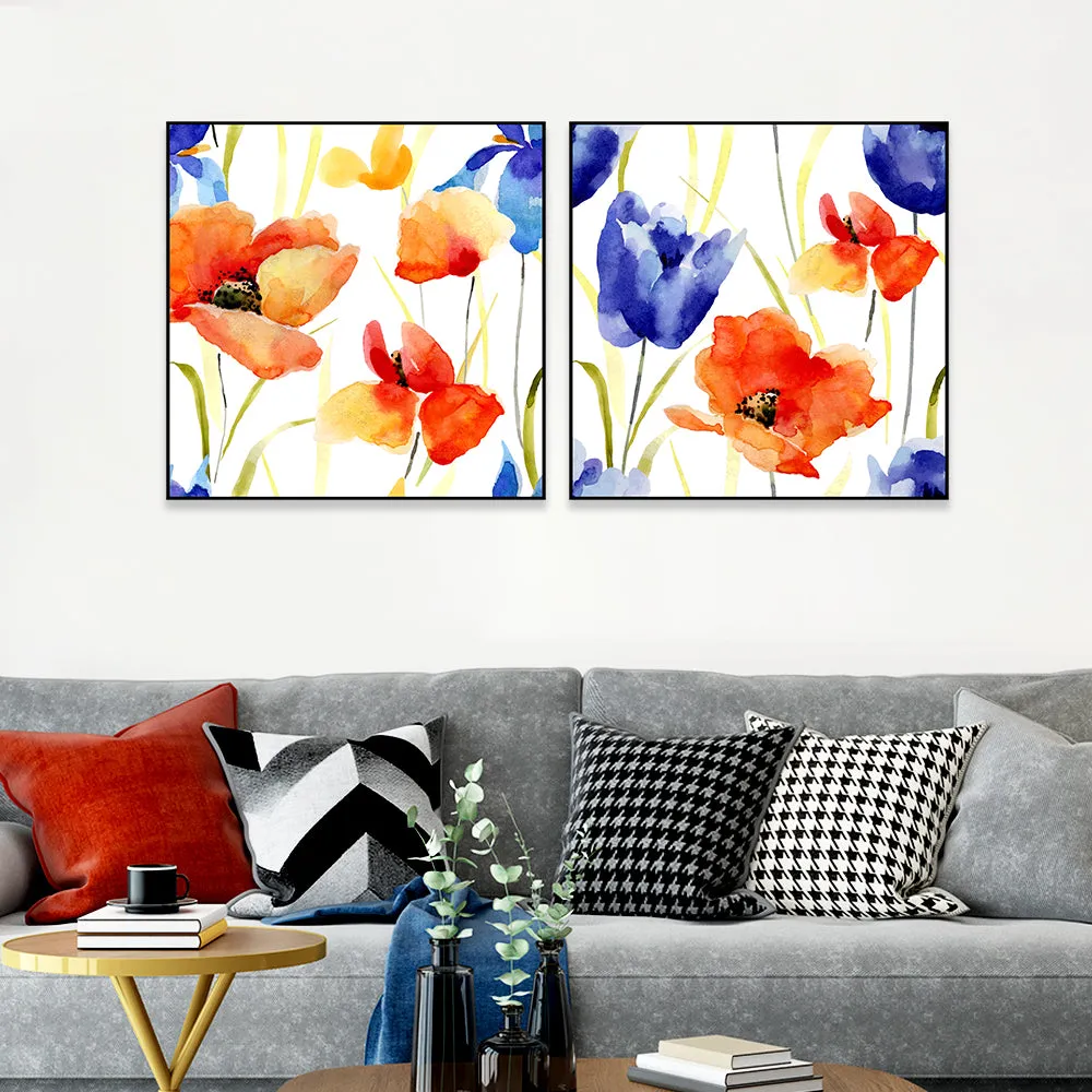 Blue &amp; Orange Floral Canvas Art Wall Frame Set of 2