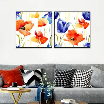 Blue & Orange Floral Canvas Art Wall Frame Set of 2