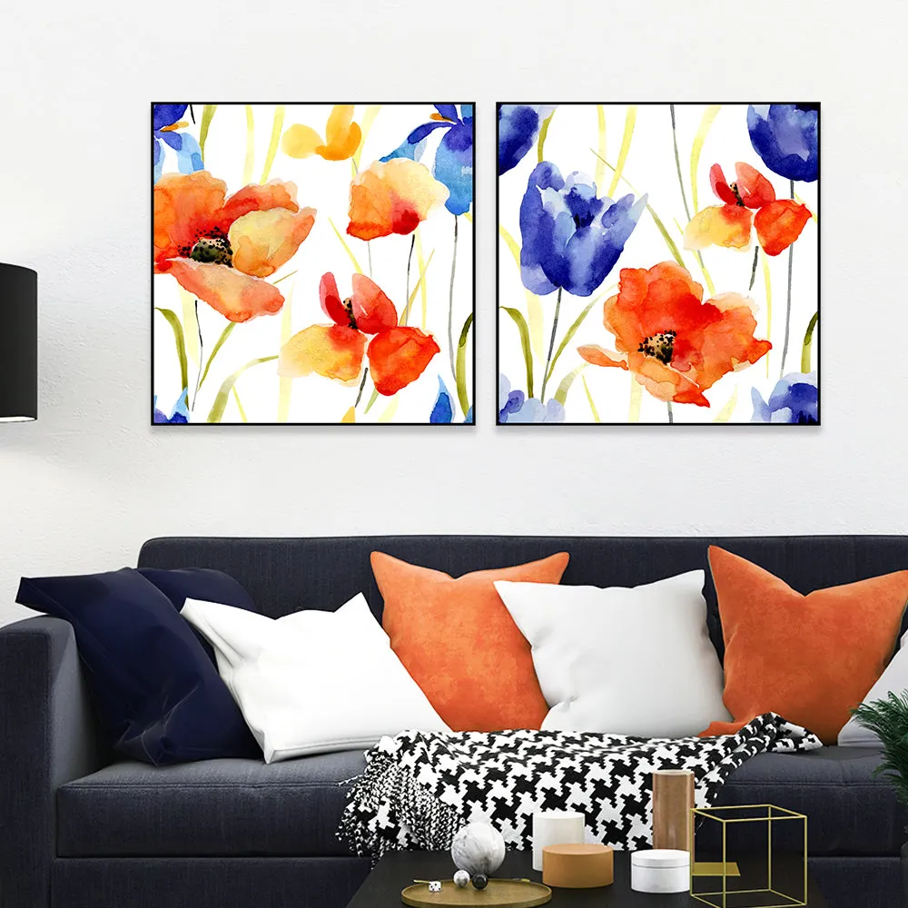 Blue &amp; Orange Floral Canvas Art Wall Frame Set of 2