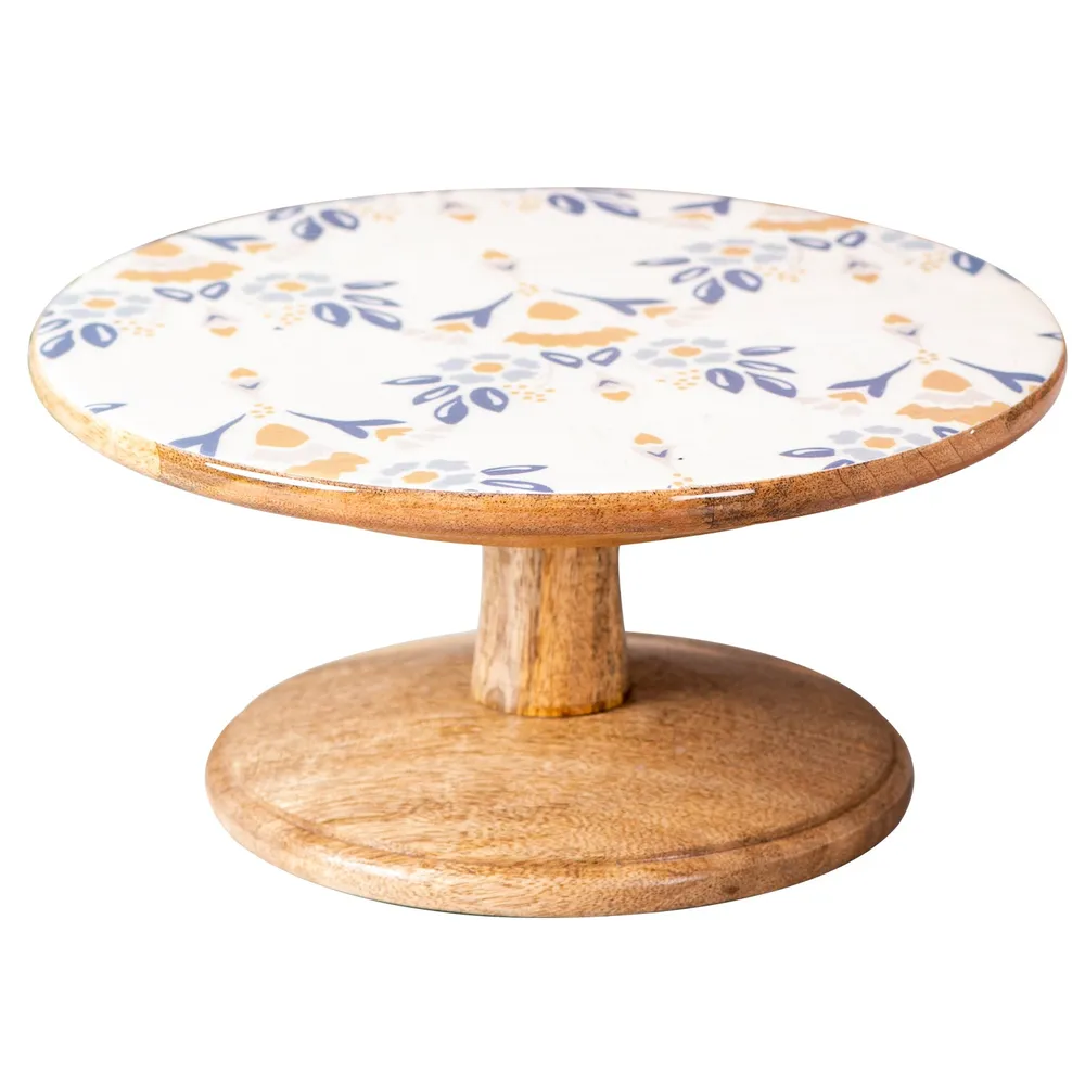 Blue and White Floral Printed Wooden Cake Stand and Server