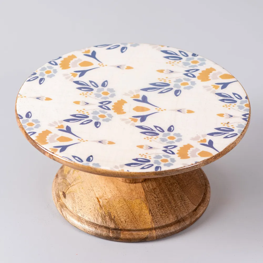 Blue and White Floral Printed Wooden Cake Stand and Server