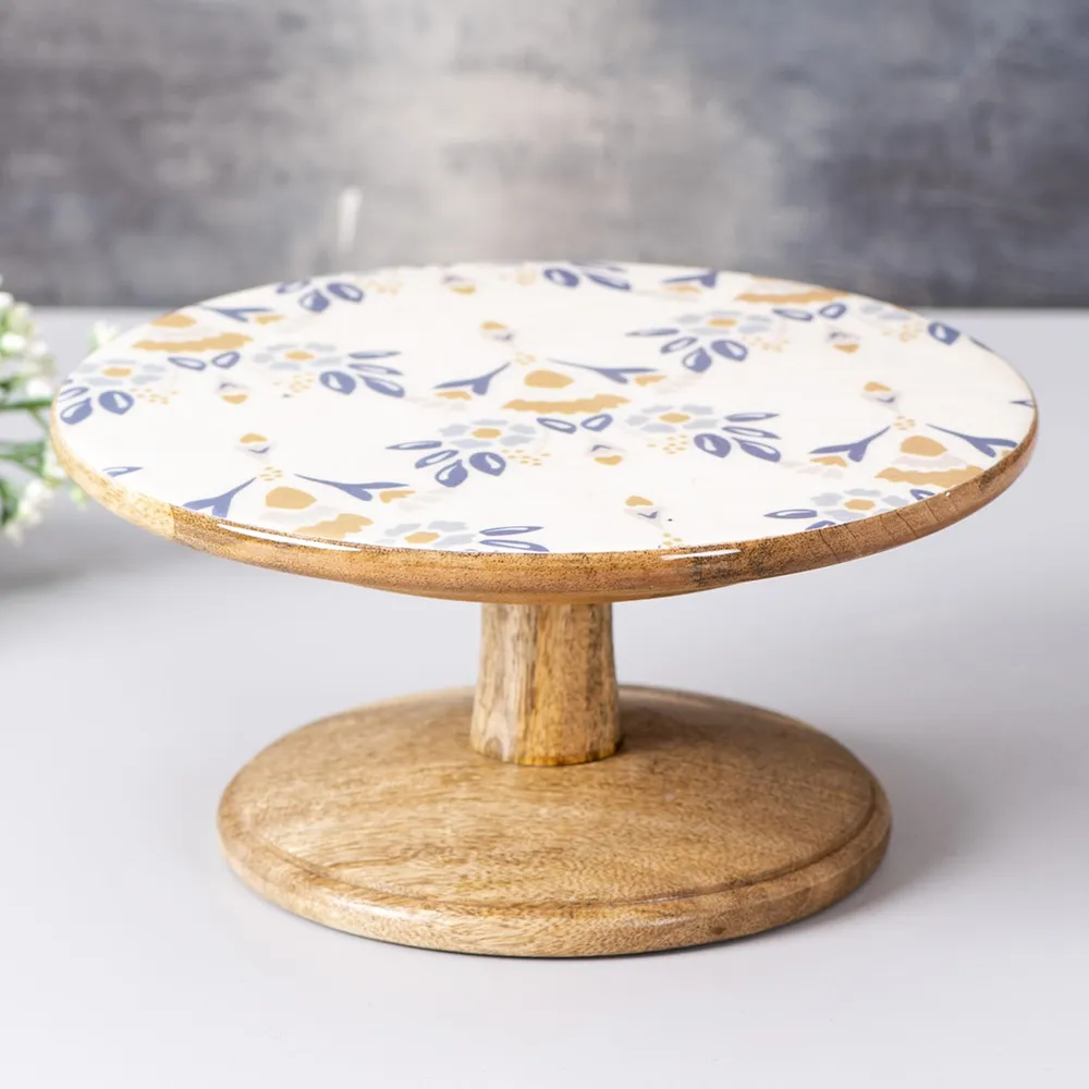 Blue and White Floral Printed Wooden Cake Stand and Server