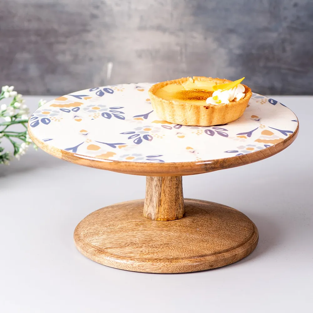 Blue and White Floral Printed Wooden Cake Stand and Server
