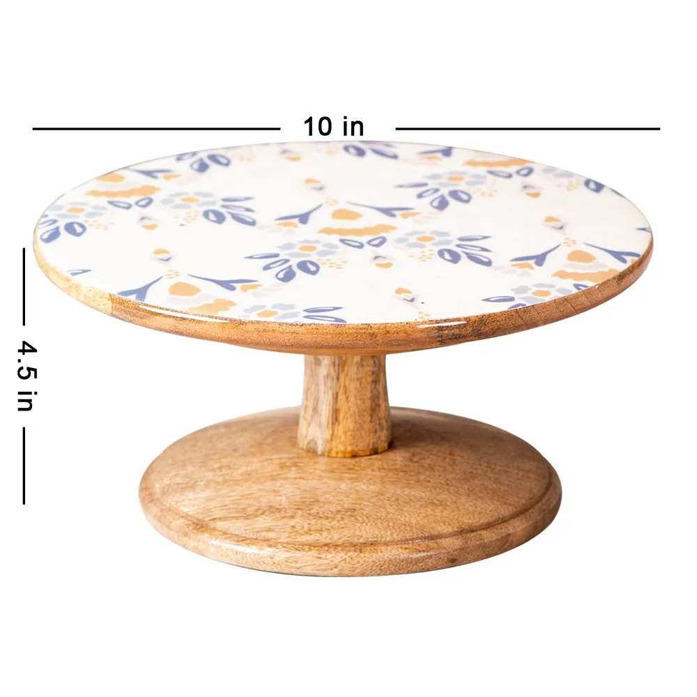 Blue and White Floral Printed Wooden Cake Stand and Server