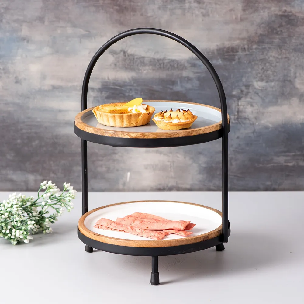 Blue and White Plated 2 Tier Metal Buffet Organizer