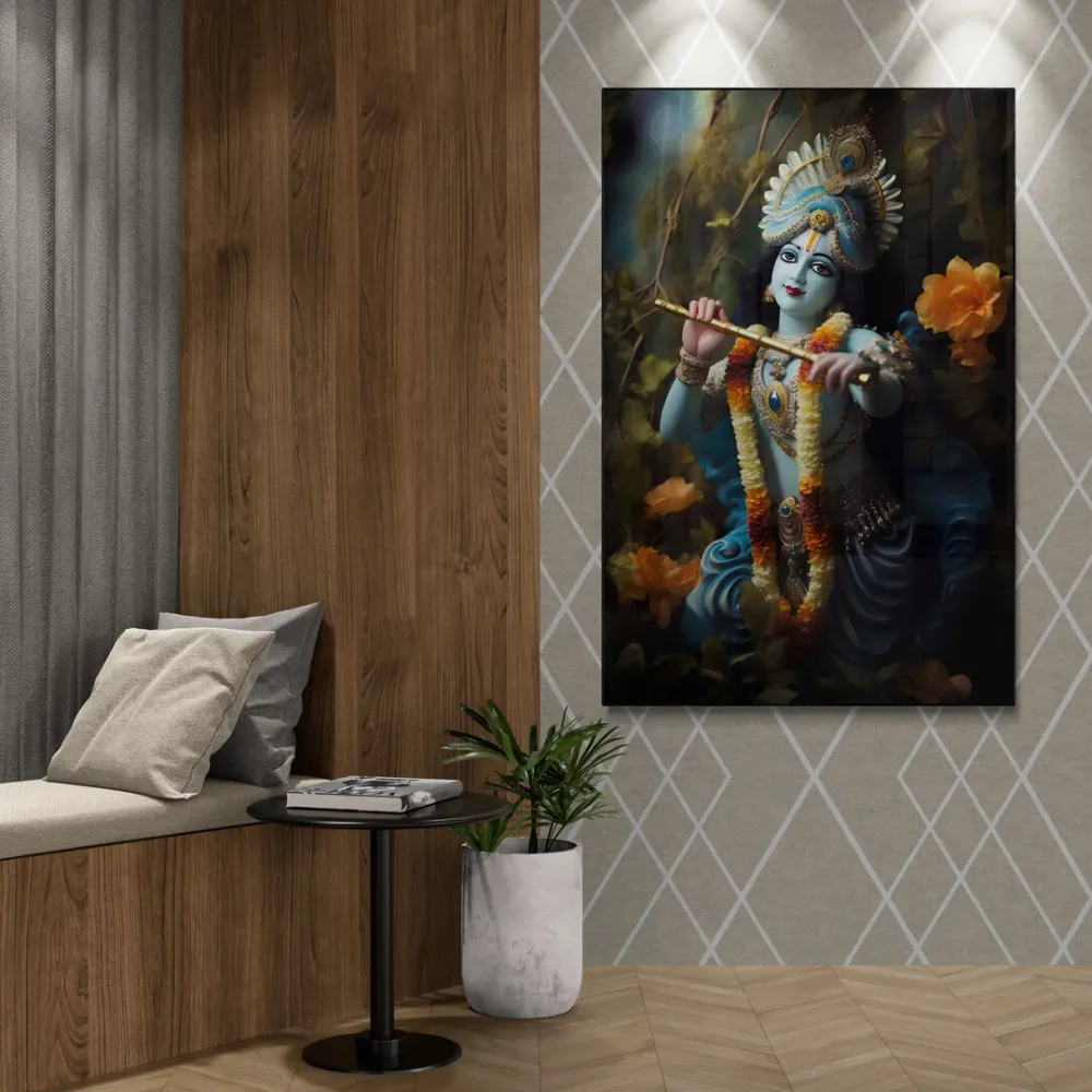 Blue Aura of Tranquility Krishna Canvas Wall Painting With Frame