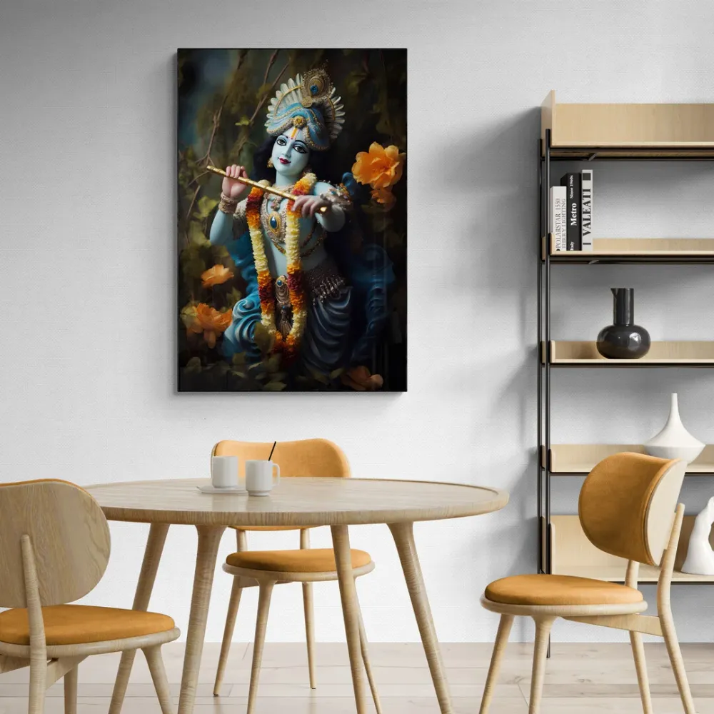 Blue Aura of Tranquility Krishna Canvas Wall Painting With Frame