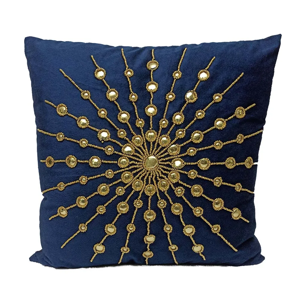 Blue Bead Embroidery Poly Dupion Cushion Cover