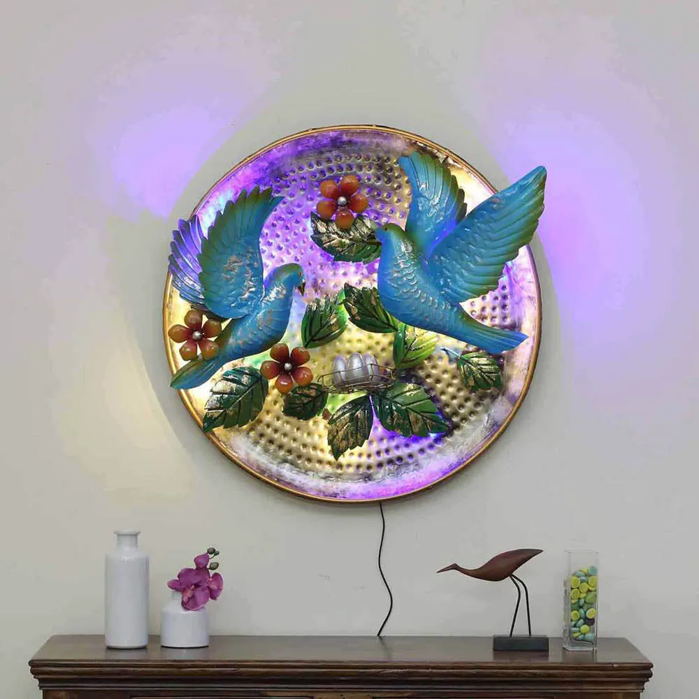 Blue Bird Floral Backlit Decorative Metal Wall Art