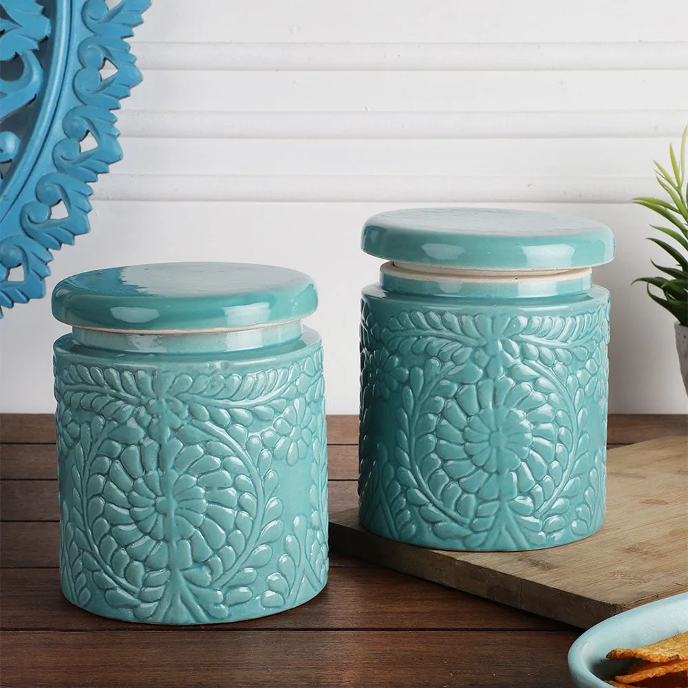 Blue Ceramic Handcrafted Multi Utility Storage Jar Set Of 2