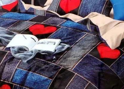 Blue Color Contrast With Heart Printed Double Bedsheet With 2 Pillow Covers (Black)