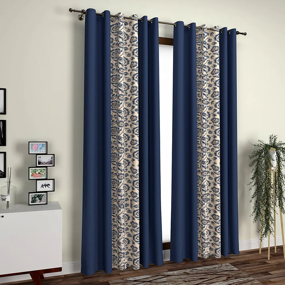 Blue & Cream Layered Graceful Floral Designer Window Curtain