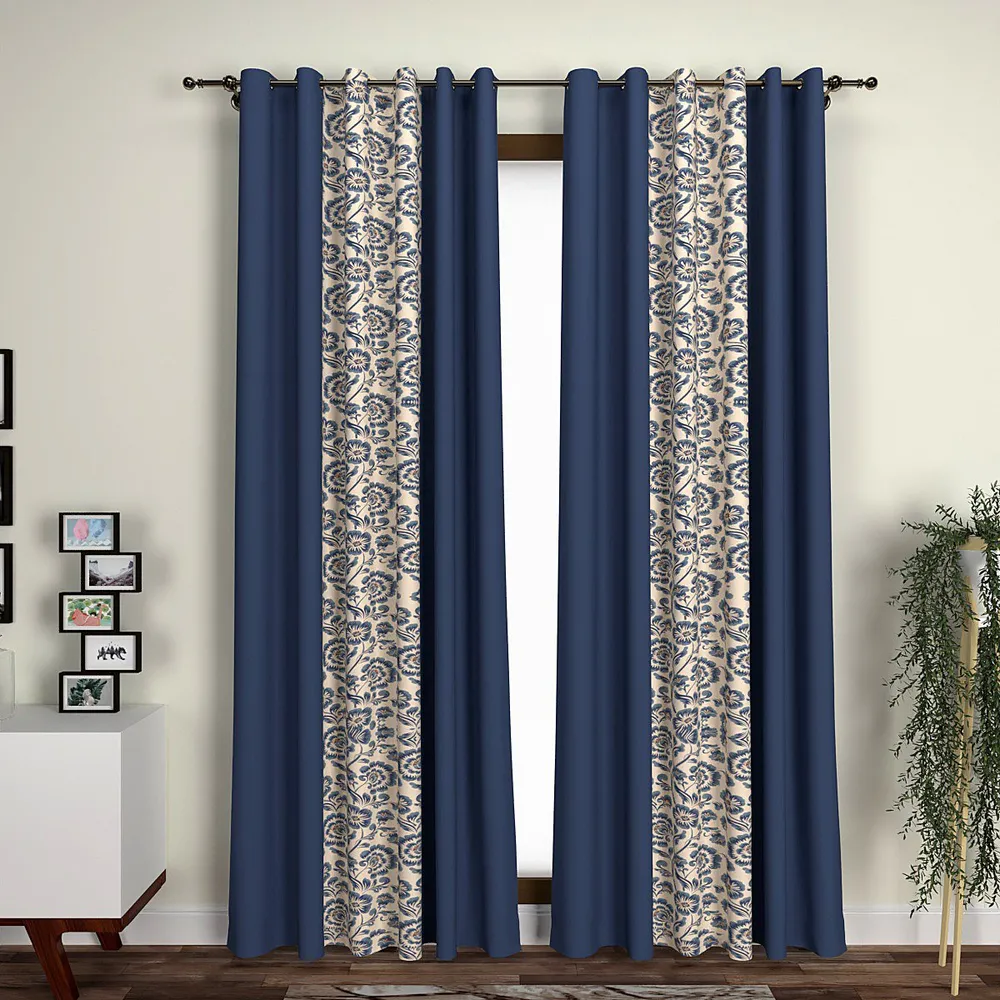 Blue & Cream Layered Graceful Floral Designer Window Curtain