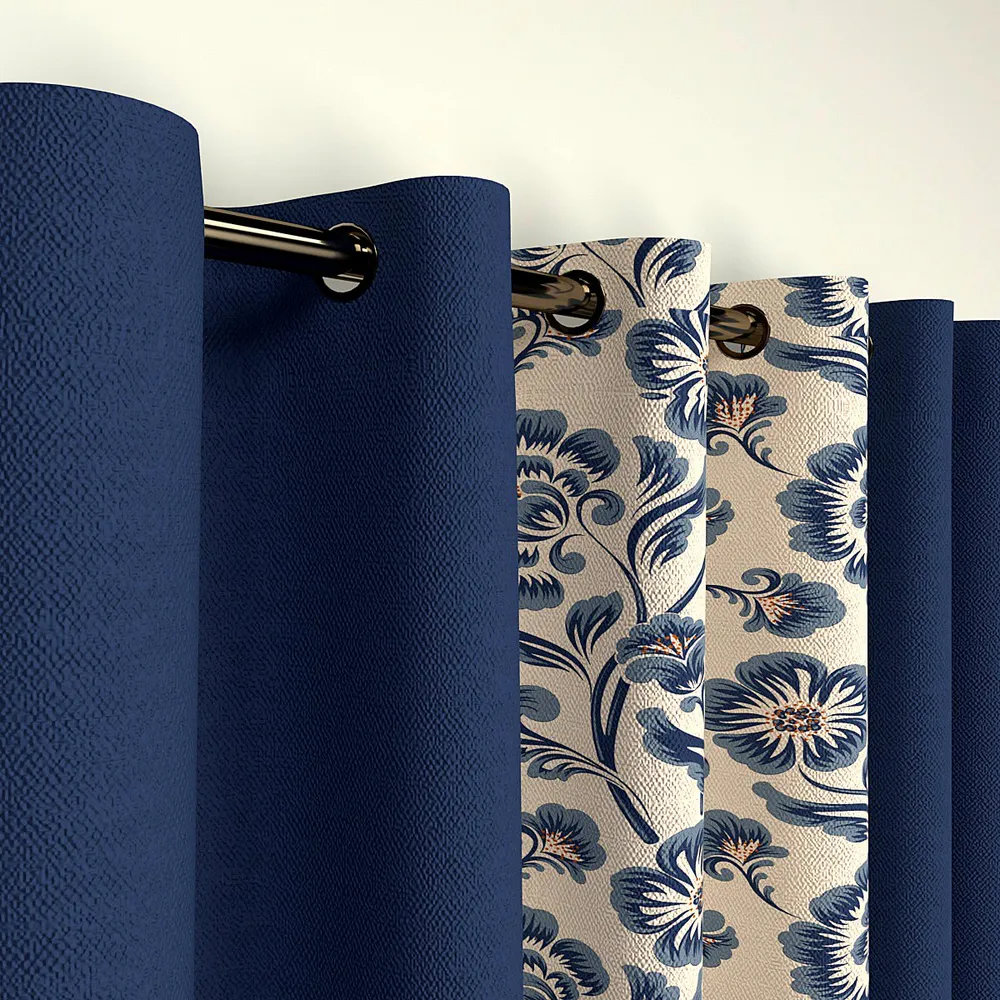 Blue & Cream Layered Graceful Floral Designer Window Curtain